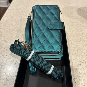 Teal Quilted Wallet Phone Case with Strap